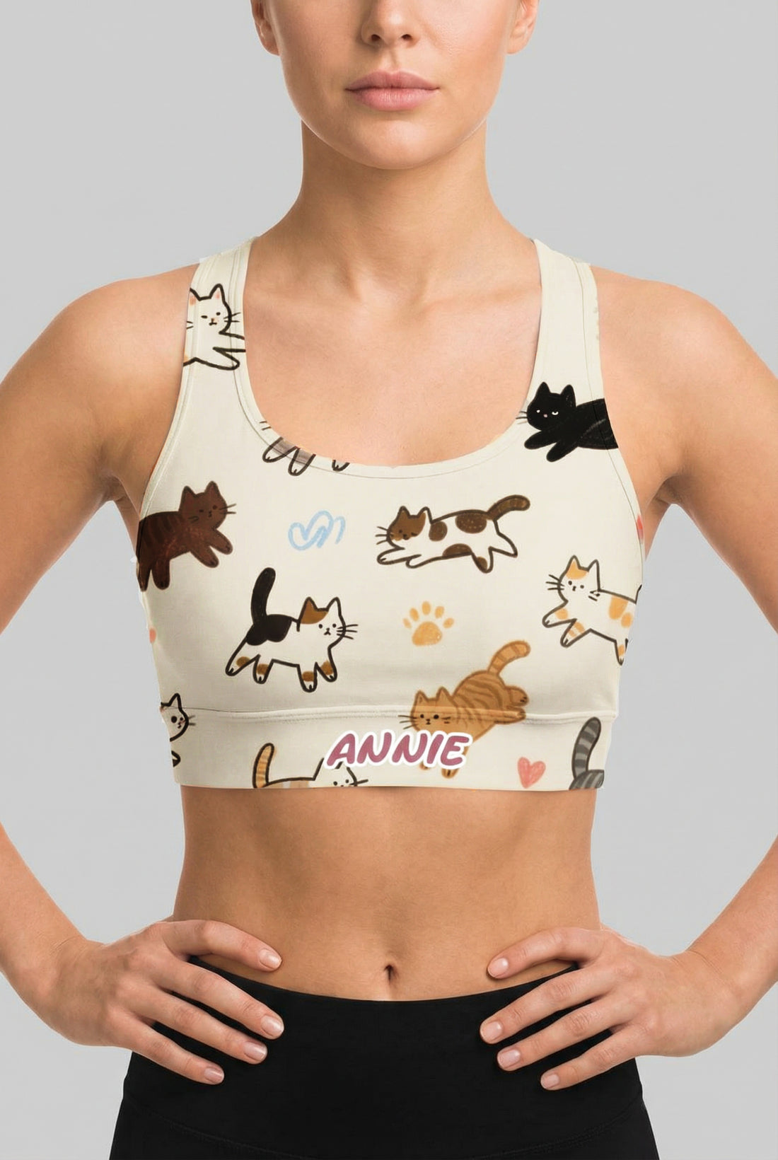 Cute Cat Personalized Sports Bra – Custom Name Activewear Top OnlyBulked