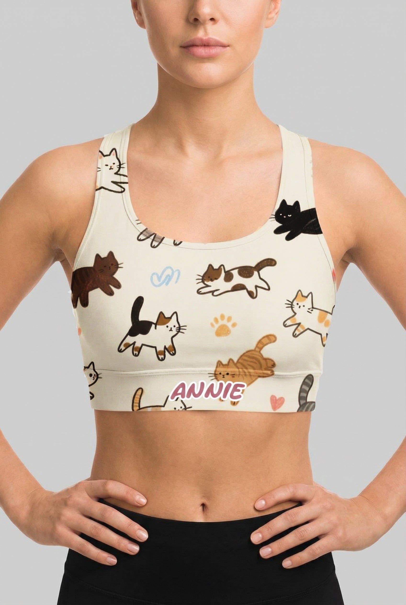 Cute Cat Personalized Sports Bra – Custom Name Activewear Top OnlyBulked