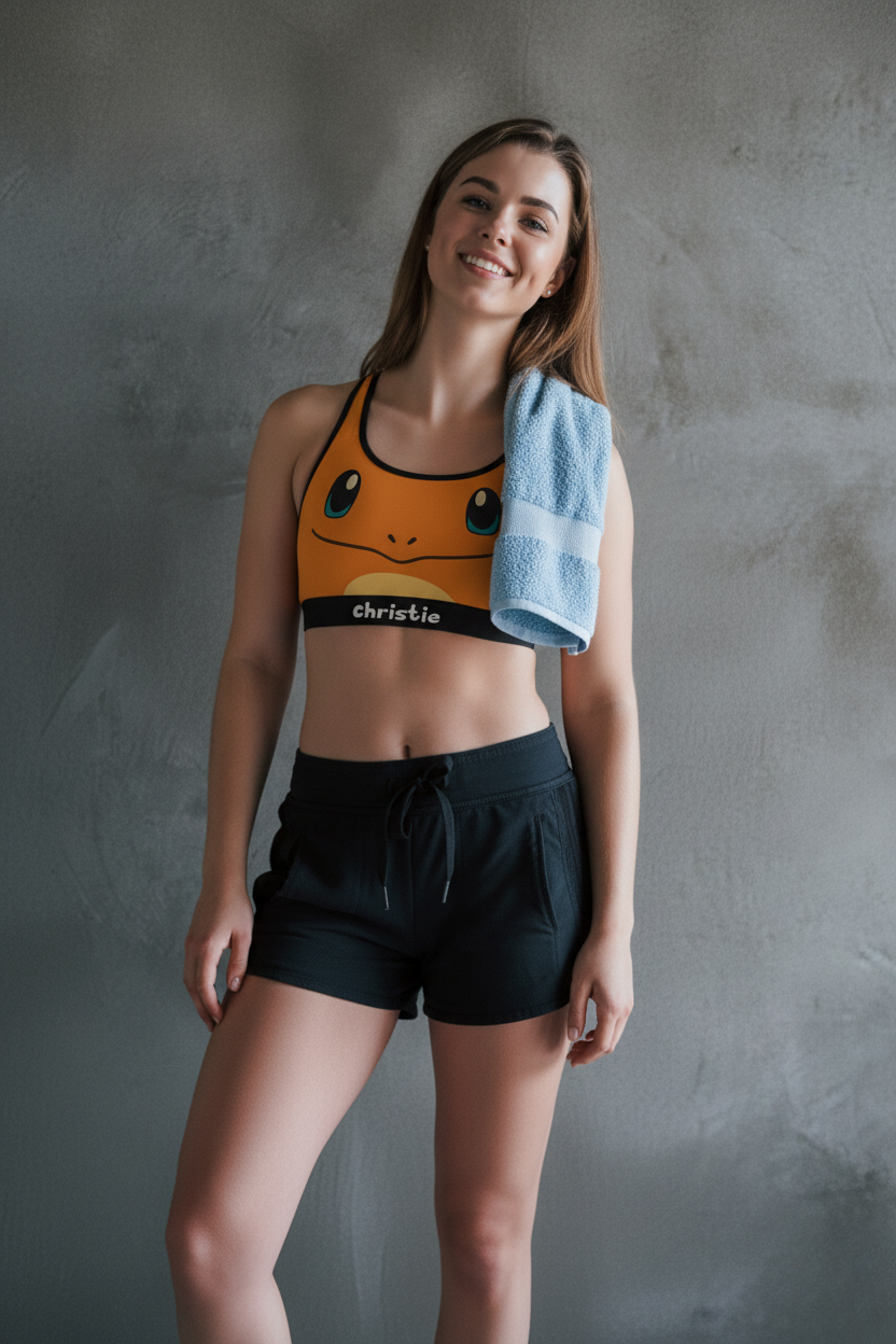 Fire inspired orange sports bra with custom name – flame spirit activewear for women