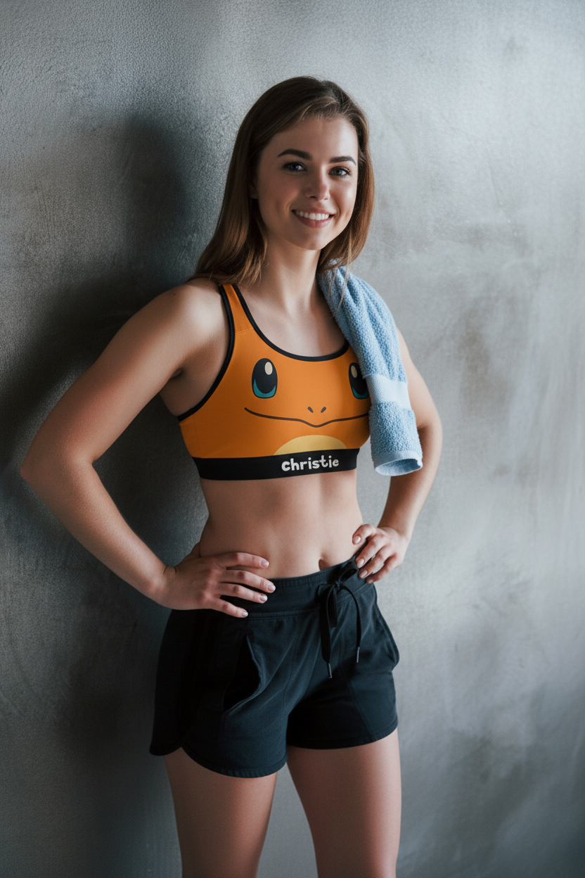 Fire inspired orange sports bra with custom name – flame spirit activewear for women
