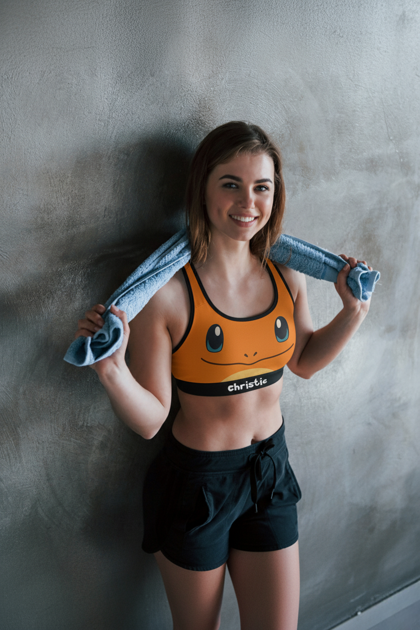 Fire inspired orange sports bra with custom name – flame spirit activewear for women