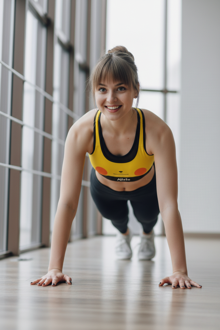 Lightning inspired yellow custom sports bra with rosy cheeks – personalized electric energy activewear for women