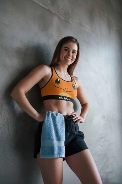 Fire inspired orange sports bra with custom name – flame spirit activewear for women