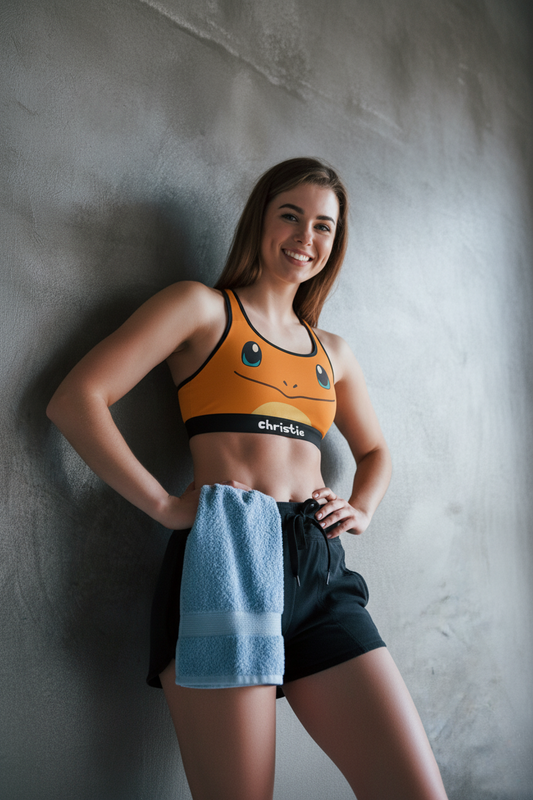 Fire inspired orange sports bra with custom name – flame spirit activewear for women