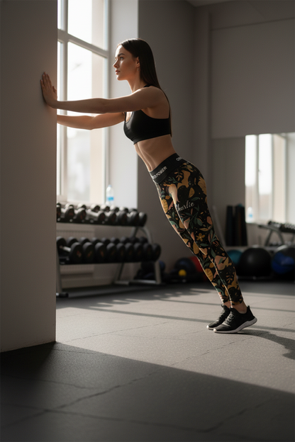 Woman exercising in a gym with weights and exercise balls in the background
