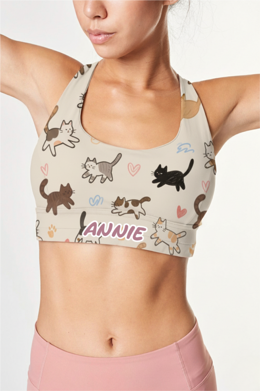 Custom name cat print sports bra for women – personalized activewear top with cute kittens design