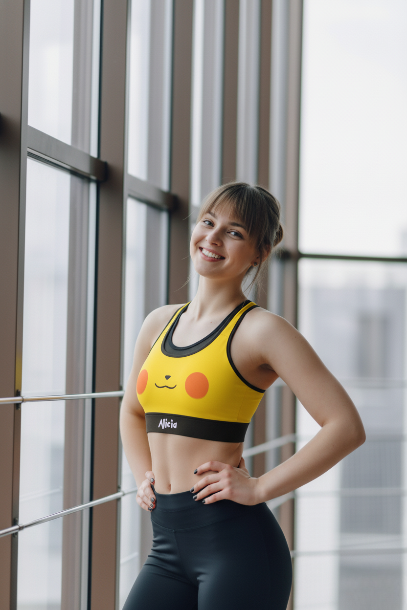 Lightning inspired yellow custom sports bra with rosy cheeks – personalized electric energy activewear for women