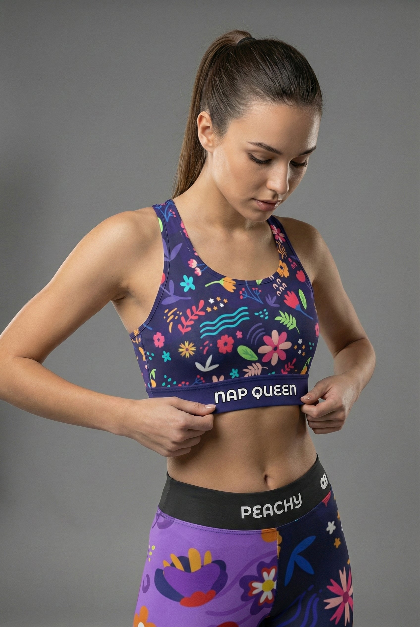 Woman wearing personalized hand-drawn floral sport bra with racerback design