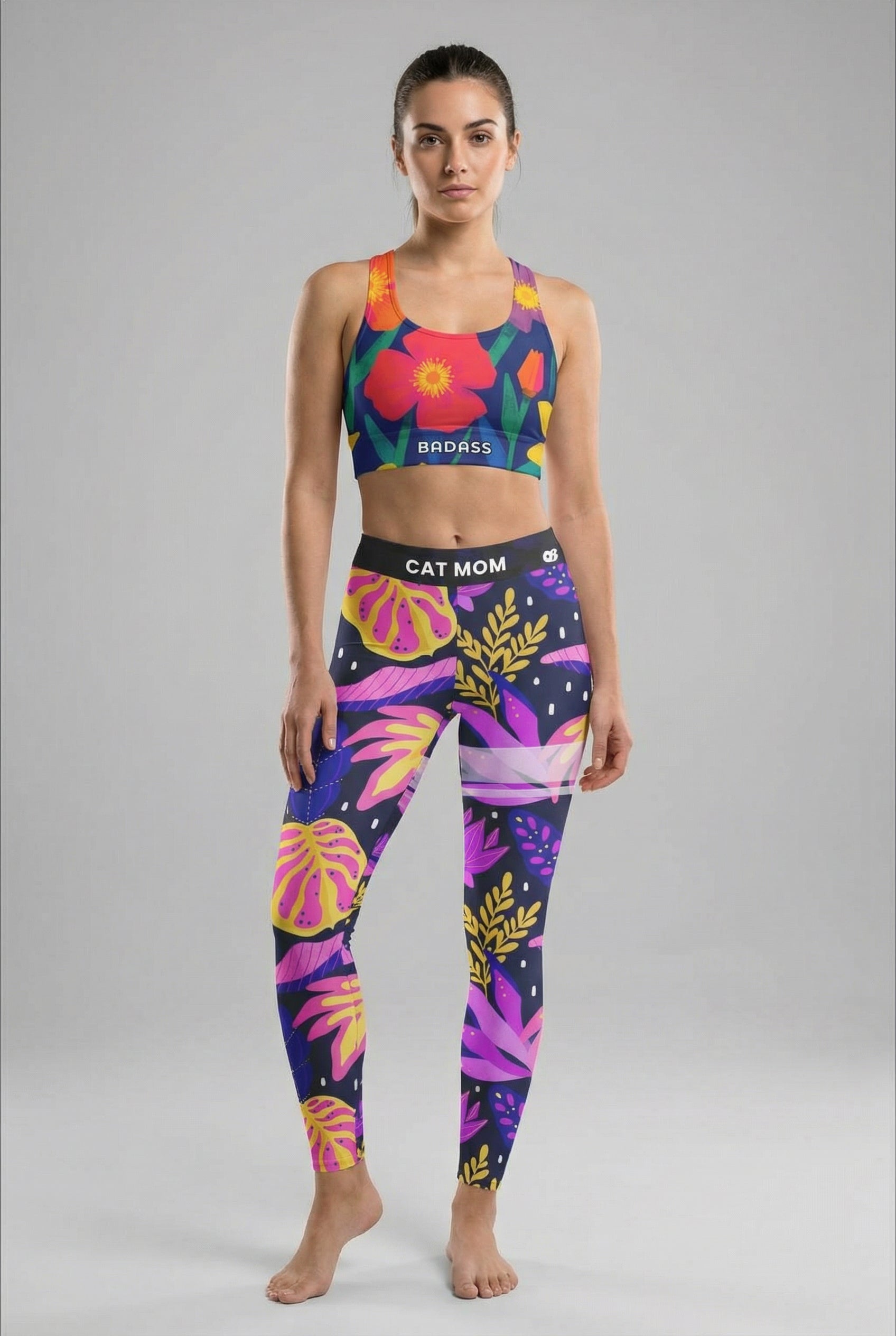 Personalized sport bra with hyperrealism floral print and custom text on waistband