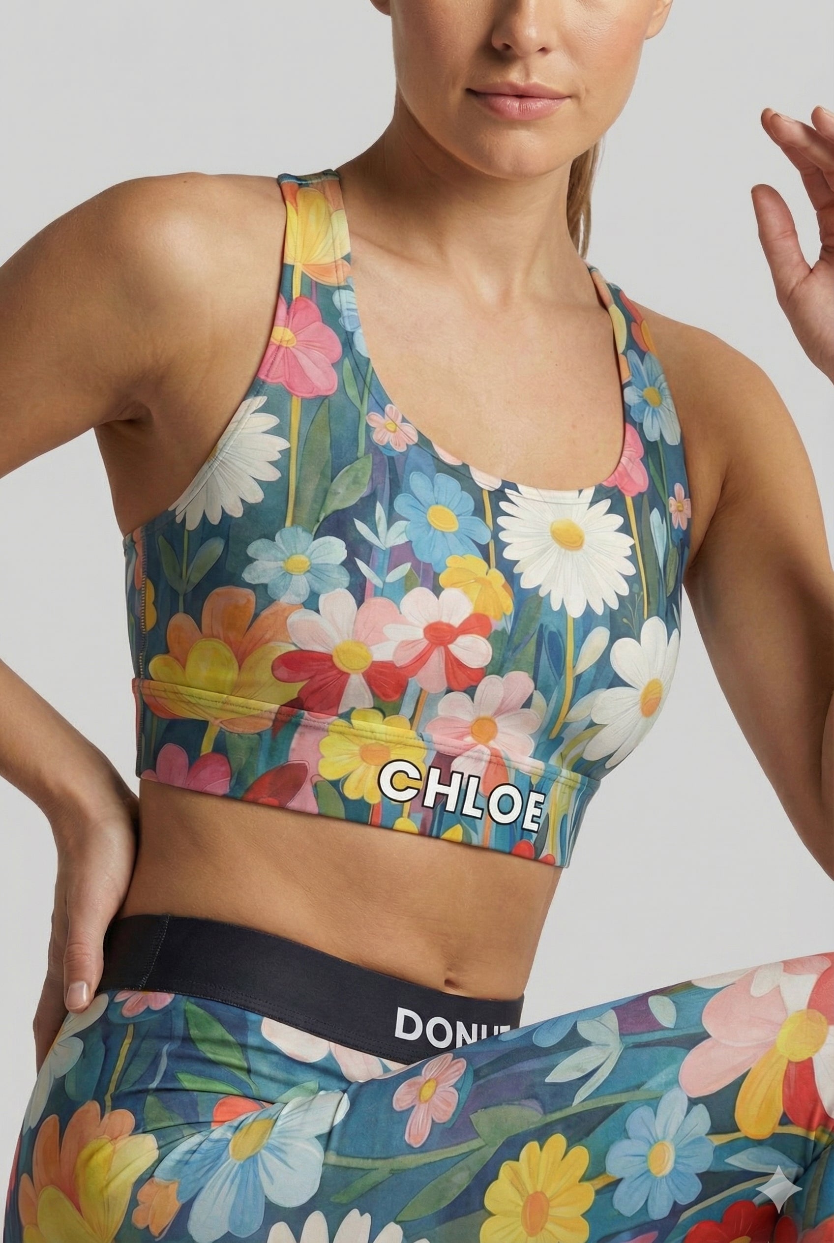 Personalized yoga bra with custom text option.