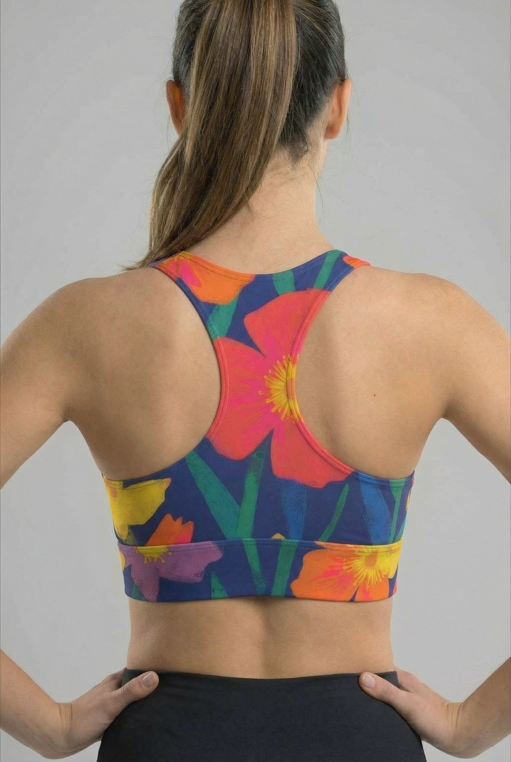 Racerback sport bra with colorful flower pattern for women