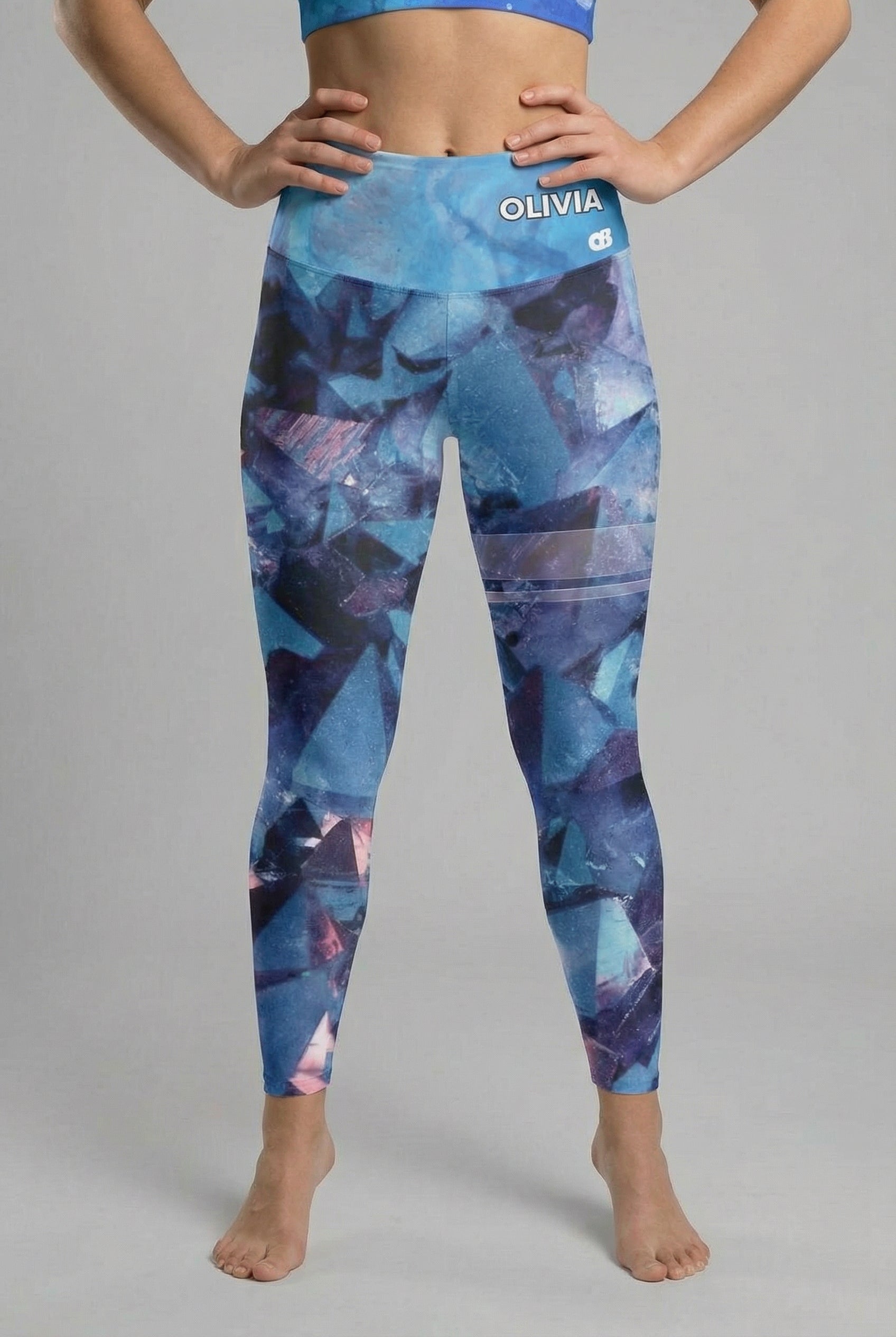 Custom Text Blue Diamond Leggings - Geometric Crystal Design OnlyBulked