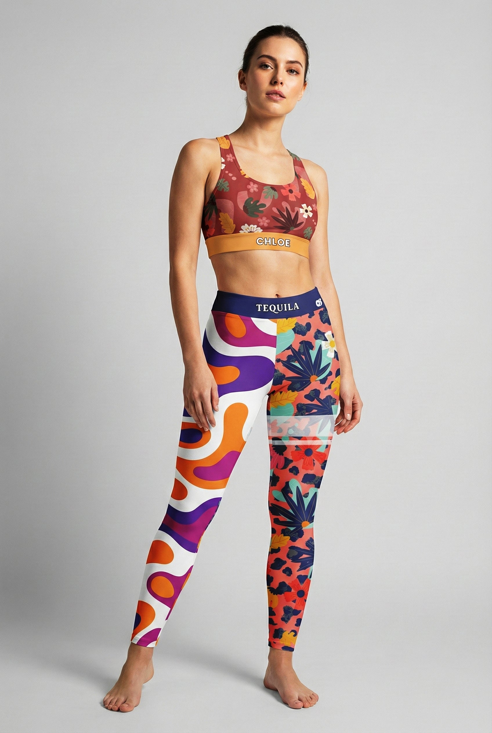 Close up of contrasting patterns: psychedelic waves vs. botanical leopard print on activewear.