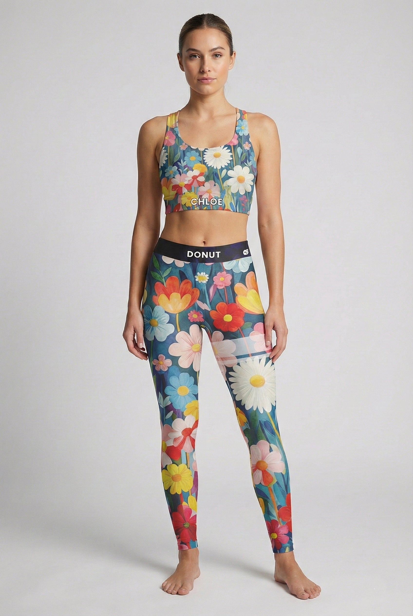 Full length watercolor floral yoga pants with personalized elastic band.