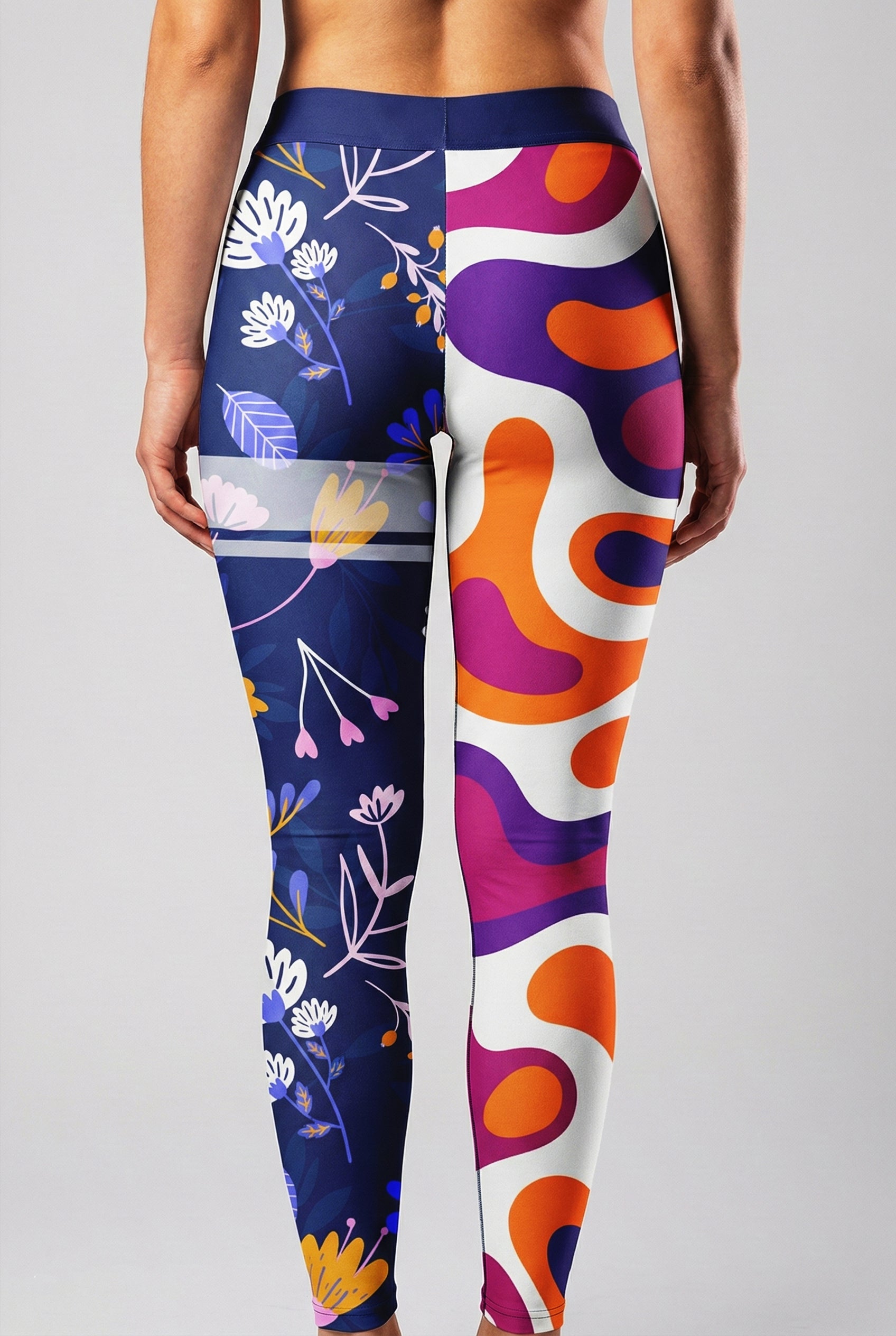 lose up of mismatch patterns: psychedelic abstract waves vs botanical flowers on activewear.