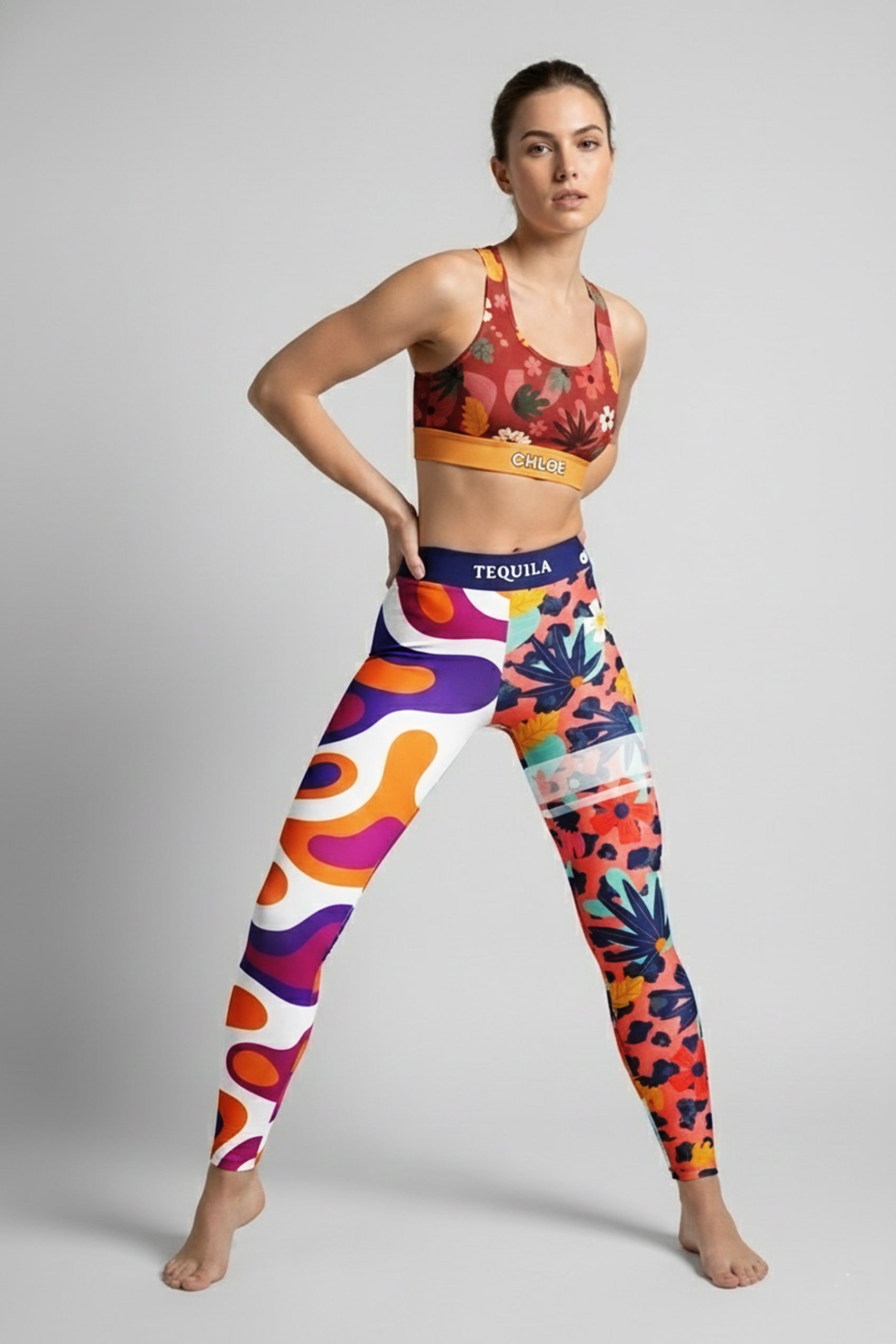 Woman wearing high-waisted personalized leggings with a wild mix of retro and tropical prints.