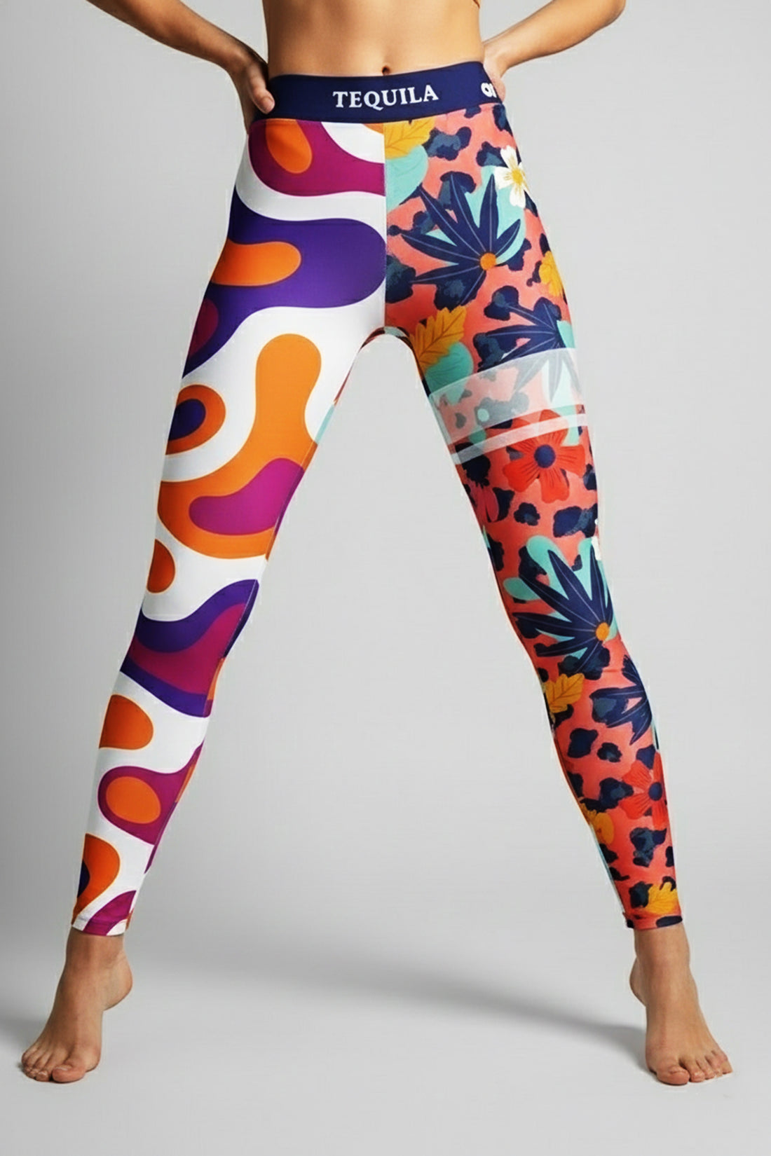Split-leg leggings with retro abstract swirls on the left leg and tropical leopard floral print on the right leg, custom text 'TEQUILA' on navy waistband.