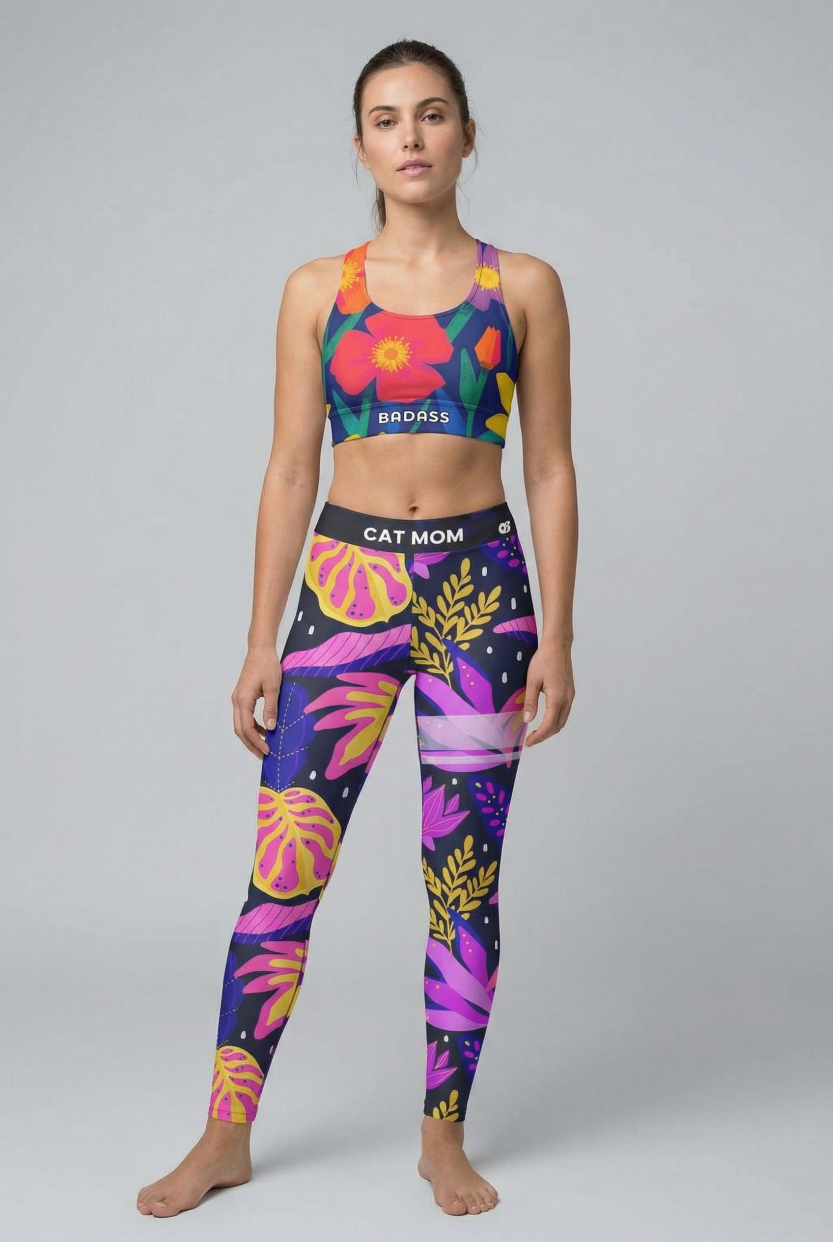Woman wearing personalized tropical leggings with vibrant leaf design